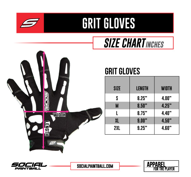 Social Paintball Grit Gloves Size Chart