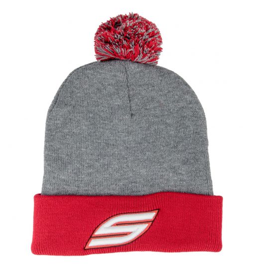 Pom Pom Beanie, Gray Red