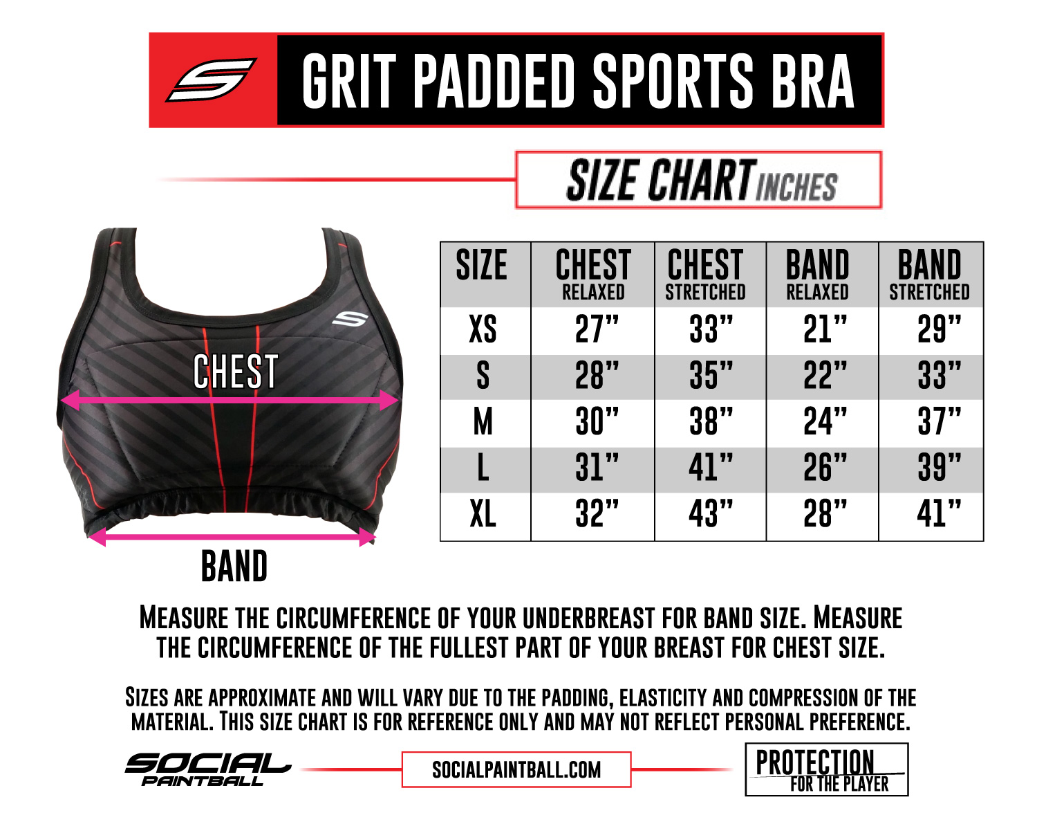 Grit Padded Sports Bra Size Chart