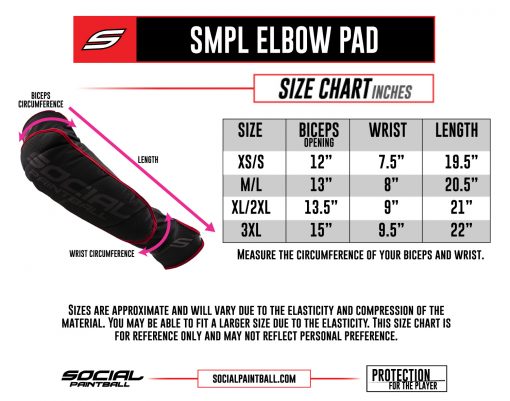 SMPL Paintball Elbow Pads, Black Red Size Chart