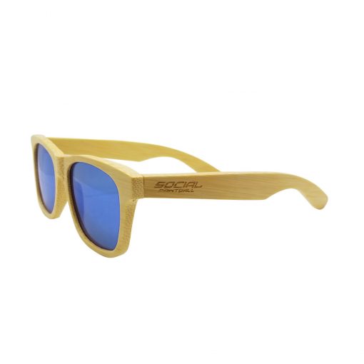 Social Paintball Bamboo Wood Sunglasses, Blue Mirror Lens Side View