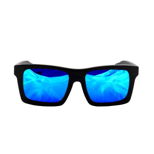 Social Paintball Black Bamboo Wood Sunglasses, Blue Mirror Lens Front