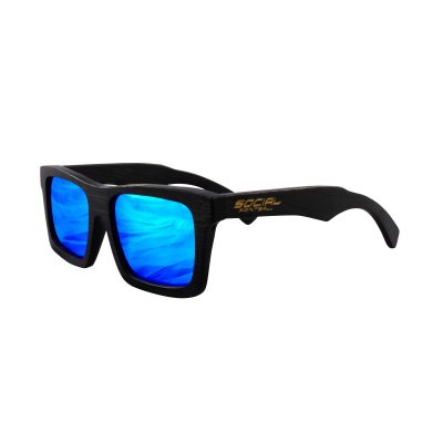 Social Paintball Black Bamboo Wood Sunglasses, Blue Mirror Lens Side View