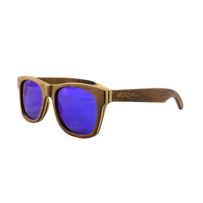 Social Paintball Recycled Skateboard Wood Sunglasses, Blue Mirror Lens Side View
