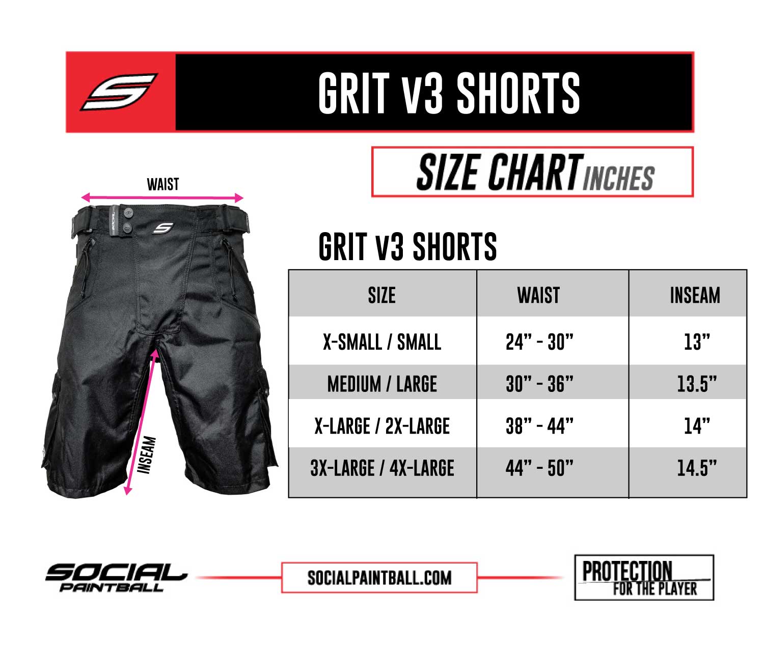 Social Paintball v3 Grit Shorts Size Chart